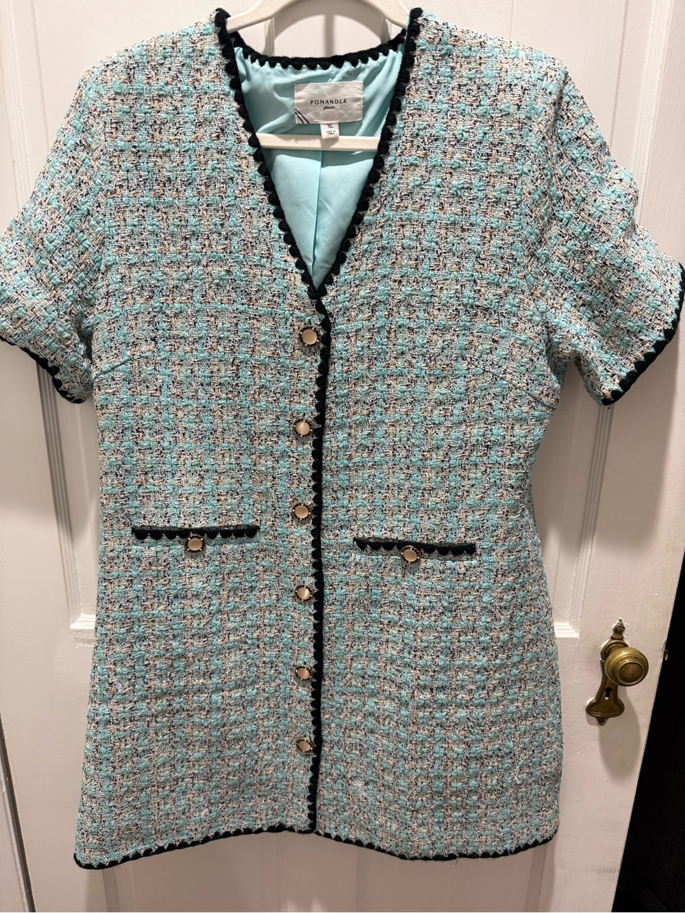 Pomander Place Light Aqua Tweed Short-Sleeve Dress with Black Trim